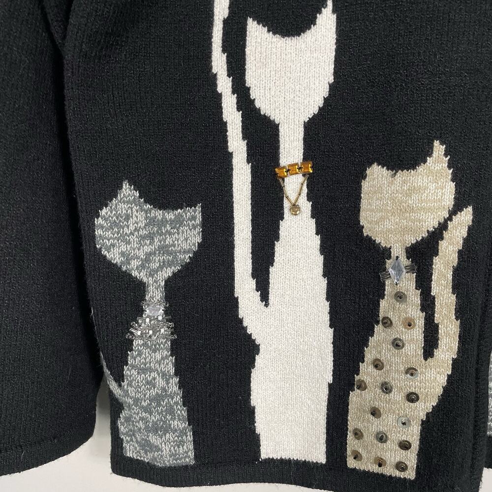 VTG Allison Daley Beaded Cat Sweater Size PL Black Full Zip Cardigan Fun Classic - Picture 6 of 16